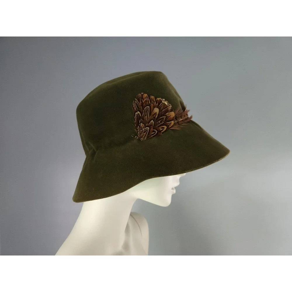 60s Vintage Pheasant feather Bucket Hat‎ ribbon Made In France Wool Felt
